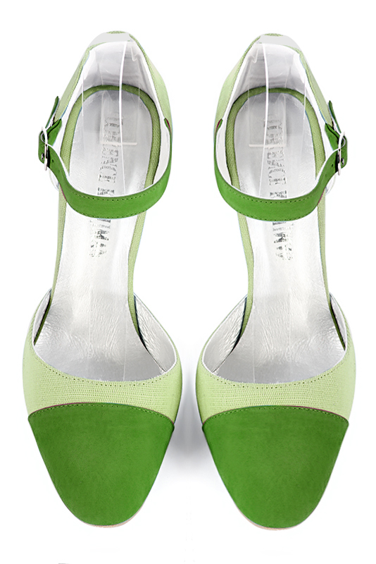 Grass green women's open side shoes, with an instep strap. Round toe. Very high slim heel. Top view - Florence KOOIJMAN